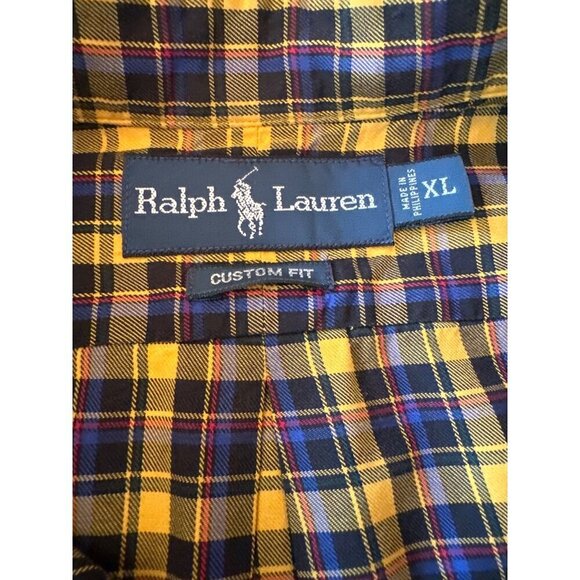 Ralph Lauren Custom Fit Plaid Button-Down Shirt XL Yellow & Blue - Picture 4 of 5